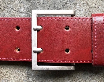 Dark Brick Red Burgundy Smooth Wide Leather Belt Silver Tone Square Double Prong Buckle 1990s 90s Vintage Made in Canada M 33 34 35 36 37