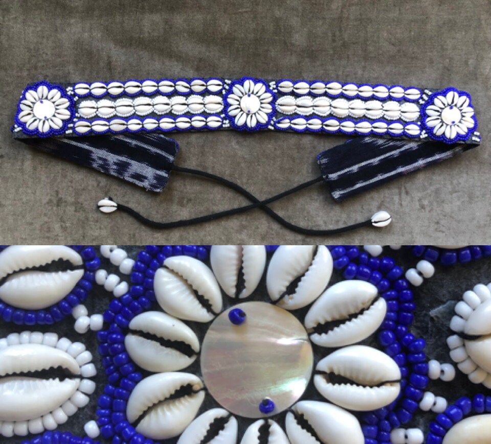 Boho Daisy Cowrie Sea Shell Beaded Embellished Woven Belt BlueWhite 1786013952-  main image 3