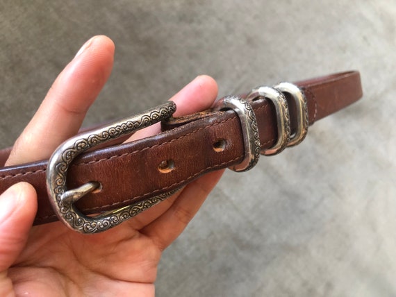 Skinny Aged Brown Leather Western Belt Silver Ton… - image 3