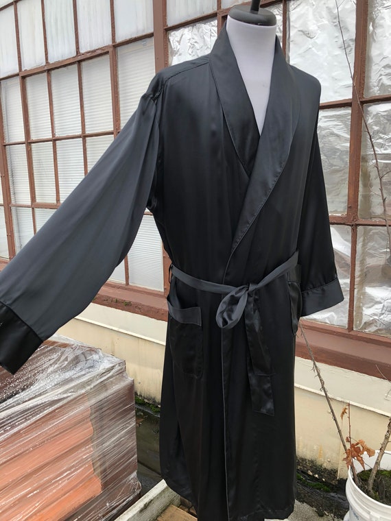 Men’s Silk Satin Solid Black Long Robe Belted Jac… - image 3