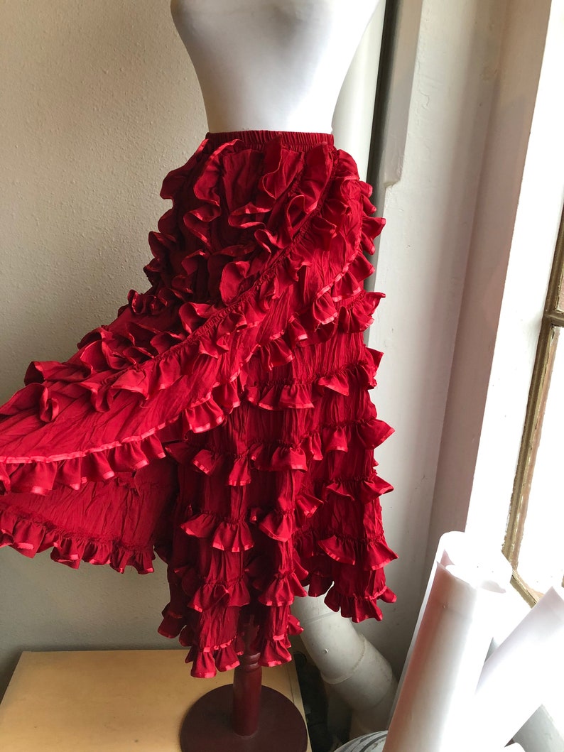 90s Dark Red Ruffled Layered Frilly Burlesque Skirt Flamenco Salsa Dance Womens Vintage 1990s Goth Steampunk Size S XS Ruffle Tango Bohemian