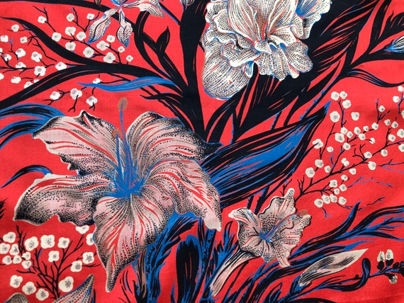 Thai Silk Red Blue Cream Floral Painted Paisley B… - image 4