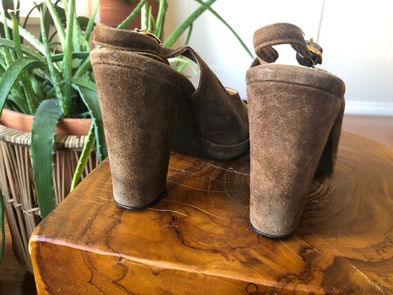 70s Brown Suede Leather Peeptoe Platform Sandals … - image 8