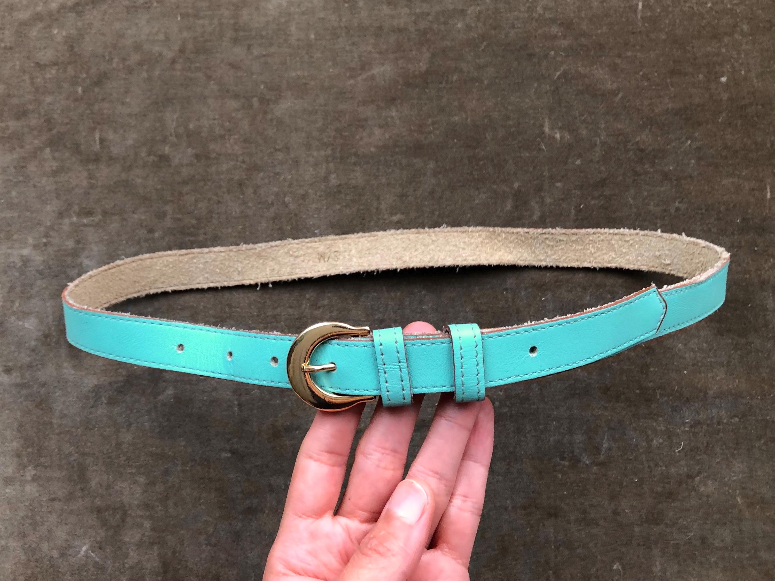 60s 70s Skinny Aqua Bright Blue Green Retro Leather Belt  display picture 2