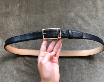 1960s 70s Black Leather Belt Retro Gold Tone Buckle Unisex