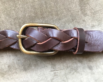 90s Dark Brown Leather Woven Belt Unisex vintage Size 32 33 34 35 36 waist southwestern 1990s Braided Belt L XL Vintage Rustic Brass Buckle