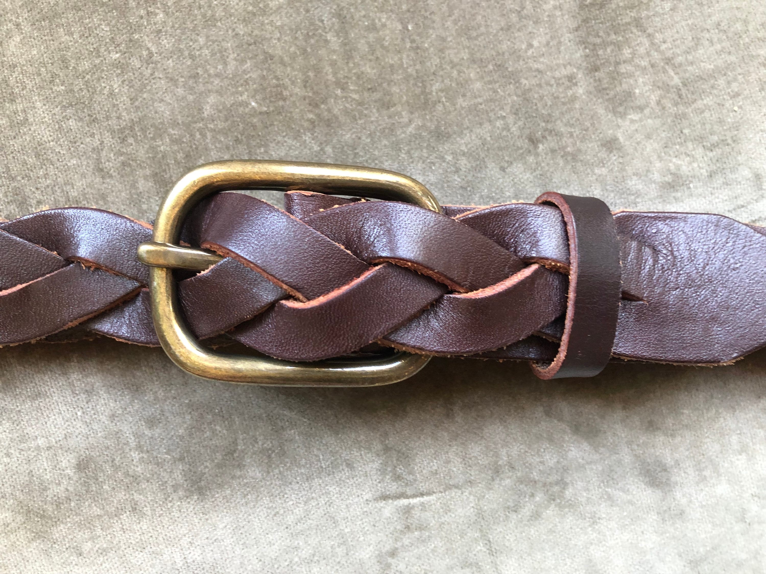 90s Dark Brown Leather Woven Belt Unisex vintage Size 32 33 34 35 36 waist southwestern 1990s Braided Belt L XL Vintage Rustic Brass Buckle