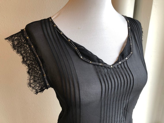 Black Silk Chiffon Sheer Cap Sleeve Floral Lace Rh