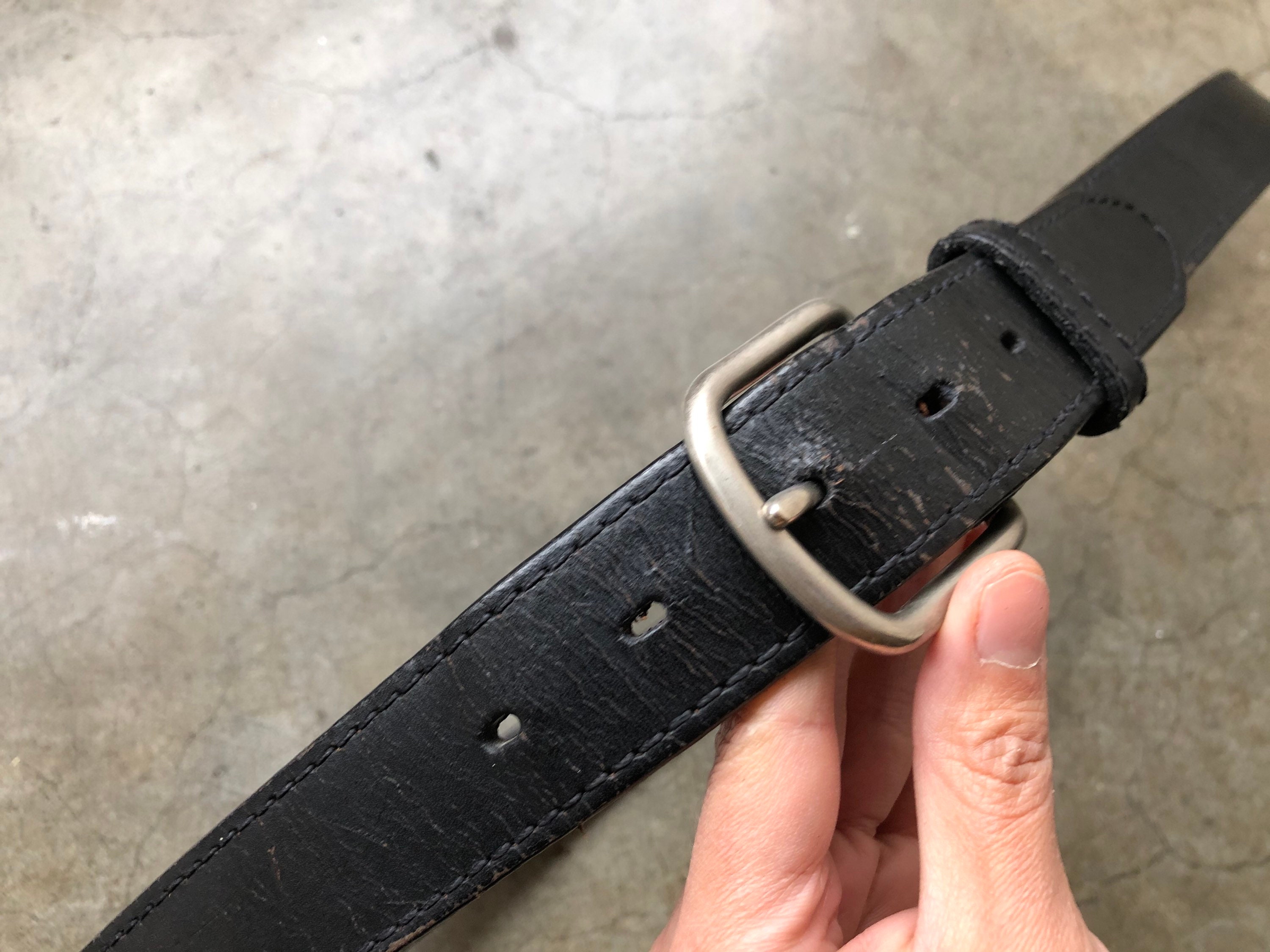 90s Rustic Heavy Black Leather Distressed Black Belt Steel