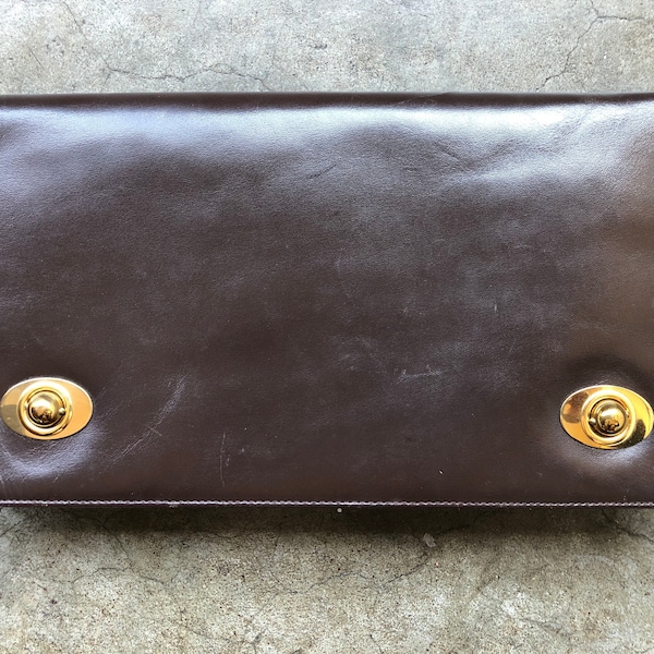 50s 60s Retro Mod Smooth Dark Brown Saddle Leather Brass Ball Snap Large Envelope Clutch Purse 1950s 1960s MCM Chic Modern Bag Simple Unisex