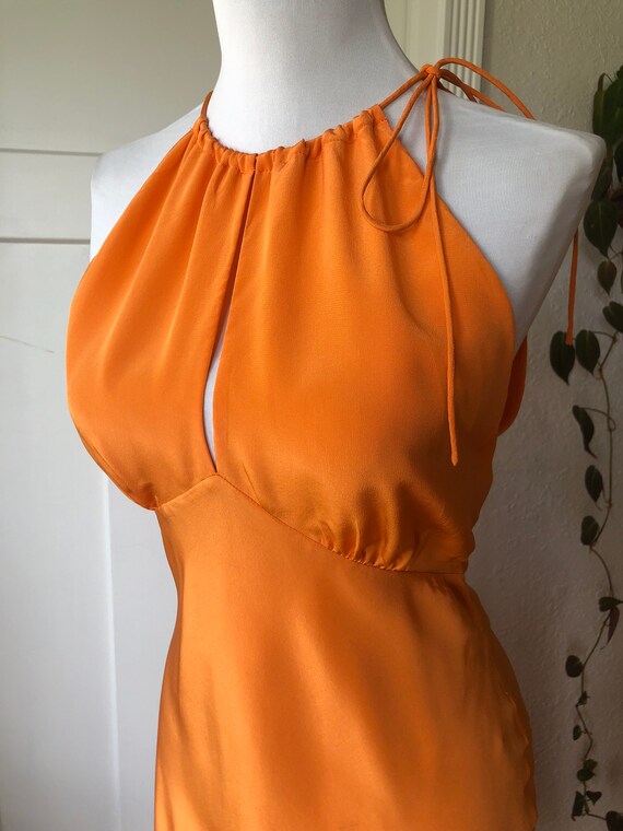 y2k Silk Bright Orange Bias Cut Drapey Strappy Ke… - image 7