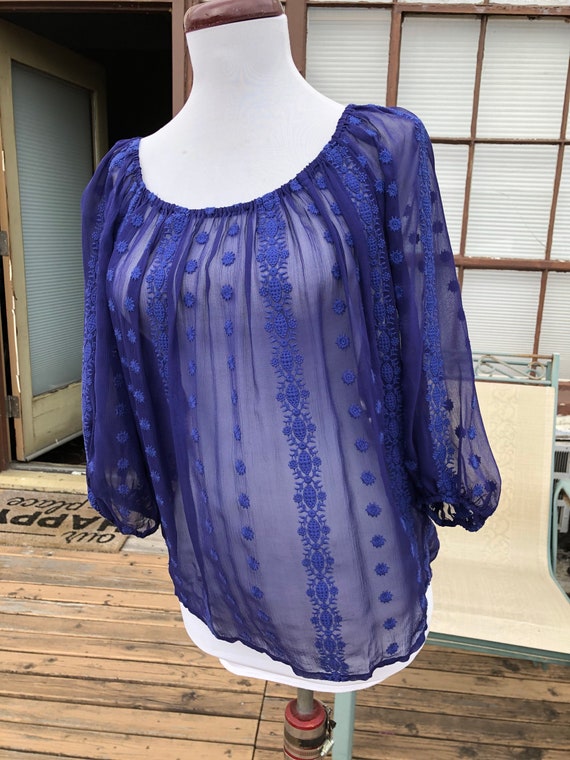 Blue Sheer Silk Chiffon Floral Embroidered Boho Peasa… Gem