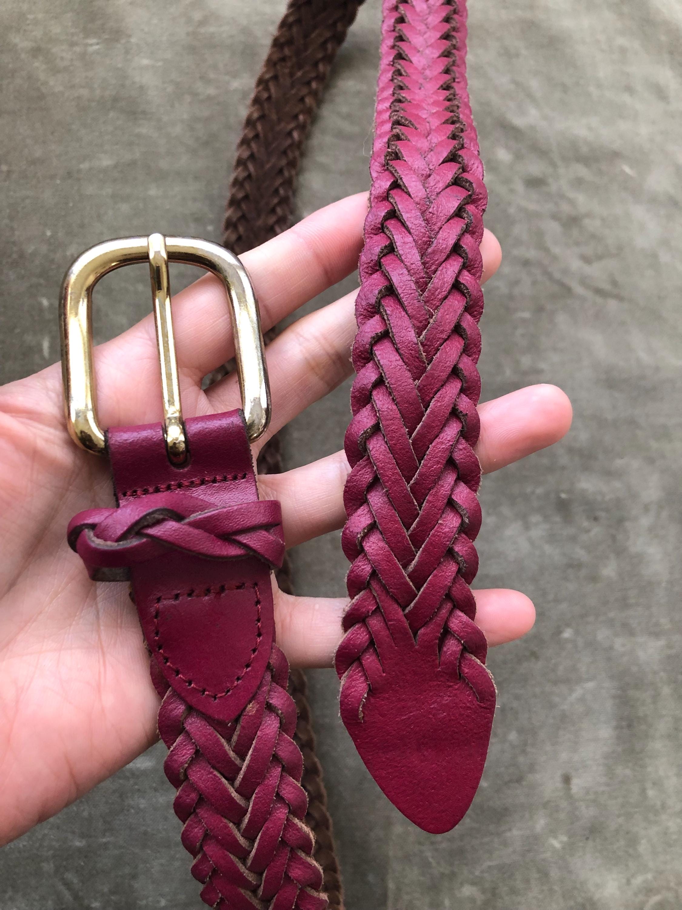 80s 90s Burgundy Leather Woven Braided Belt Adjustable  display picture 1