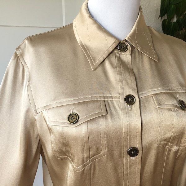 90s Silk Satin Gold Light Ivory Cream Beige Windbreaker Collared Retro Jacket Blouse Coat Shirt Top 1990s Vintage M Dana Buchman Denim Style