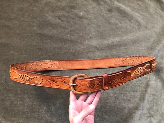Scorpion Woven Thick Tan Brown Leather Belt Tooled Heavy Duty