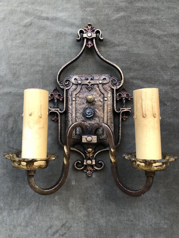 1920s Antique Spanish Revival Ornate Double Arm Electric Wall