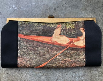 50s 60s Rare Monet The Pink Rowing Boat 1890 Painting Novelty Print Retro Snap Envelope Clutch Purse Handbag 1950s 1960s Bag Italy Vintage