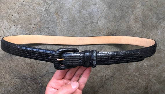 Slim Soft Thick Black Leather Belt Embossed Toole… - image 9