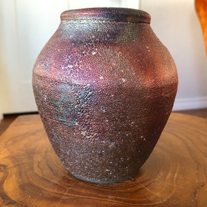 Handmade Raku Glaze Crusty Folk Art Textured Clay Rustic Small Round Vase Pot Pottery Decorative Ceramic Stoneware Primitive Metallic Dark