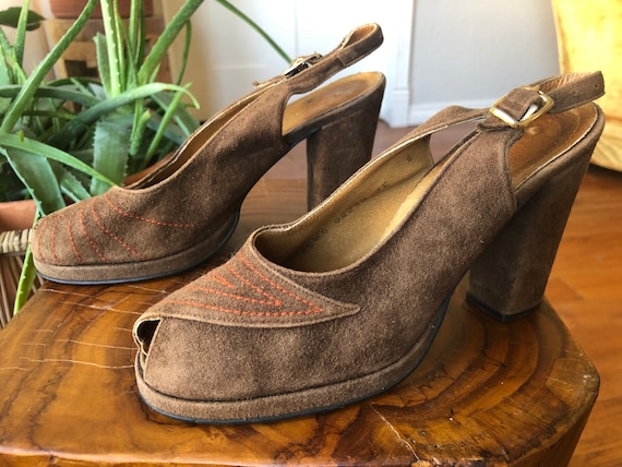 70s Brown Suede Leather Peeptoe Platform Sandals … - image 2