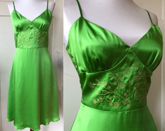 90s Silk Satin Lime Green Spaghetti Strap Slip Gown Dress Pin Up Vintage 1990s Sz 6 M Gold Floral Embroidered Sexy Strappy Y2K Boho Babydoll