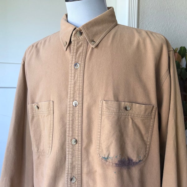 Soft Flannel Cotton Woven Ink Stain Pocket Artsy Boxy Oxford Mens Shirt Size L 90s y2k Vintage 1990s Button Up Collared Tan Camel Fuzzy Worn