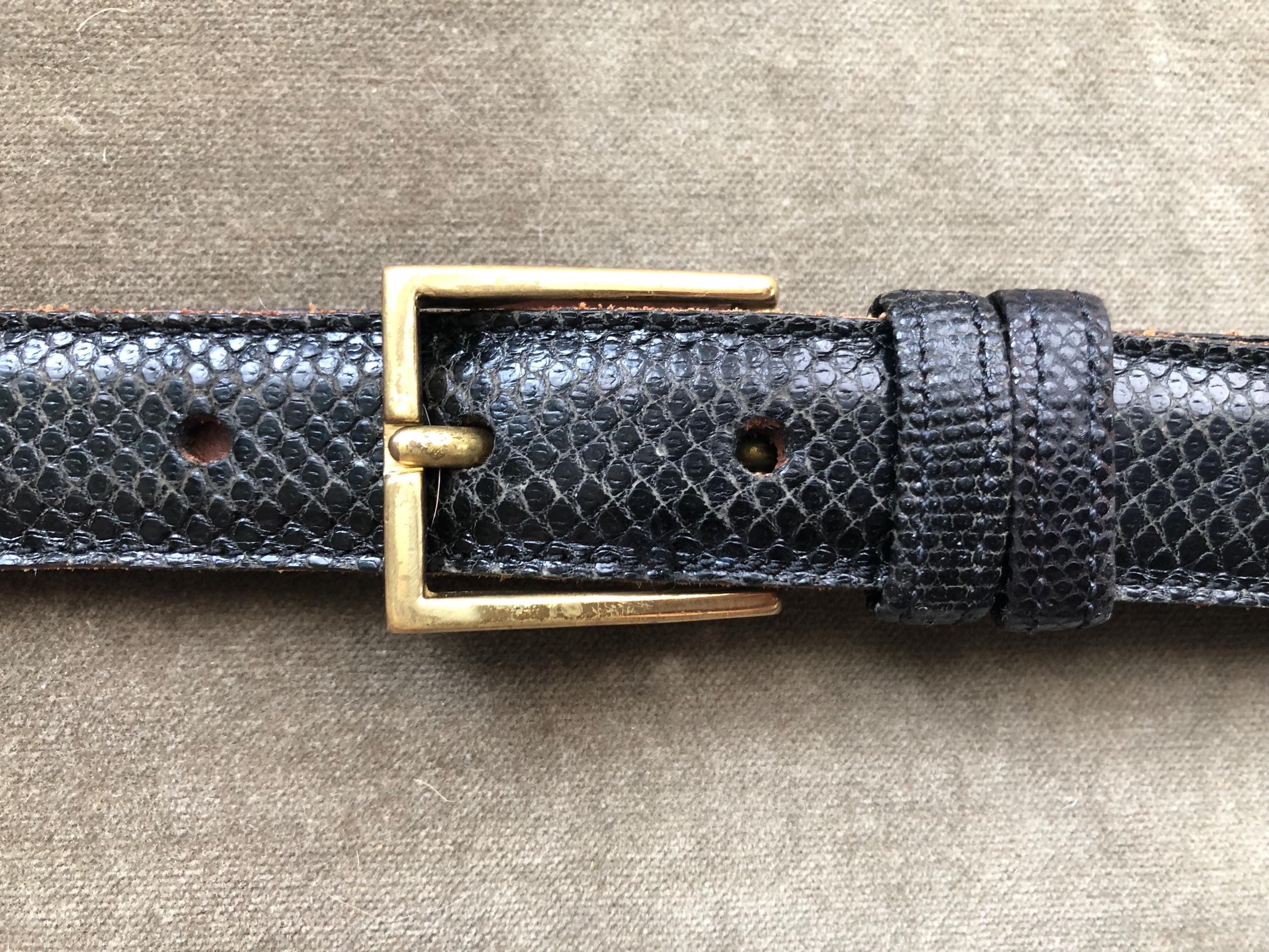 VTG Leather Shop Genuine Snake Skin Belt Black Gold Ribbed Buckle Small 7216S Vintage 80 main image 2