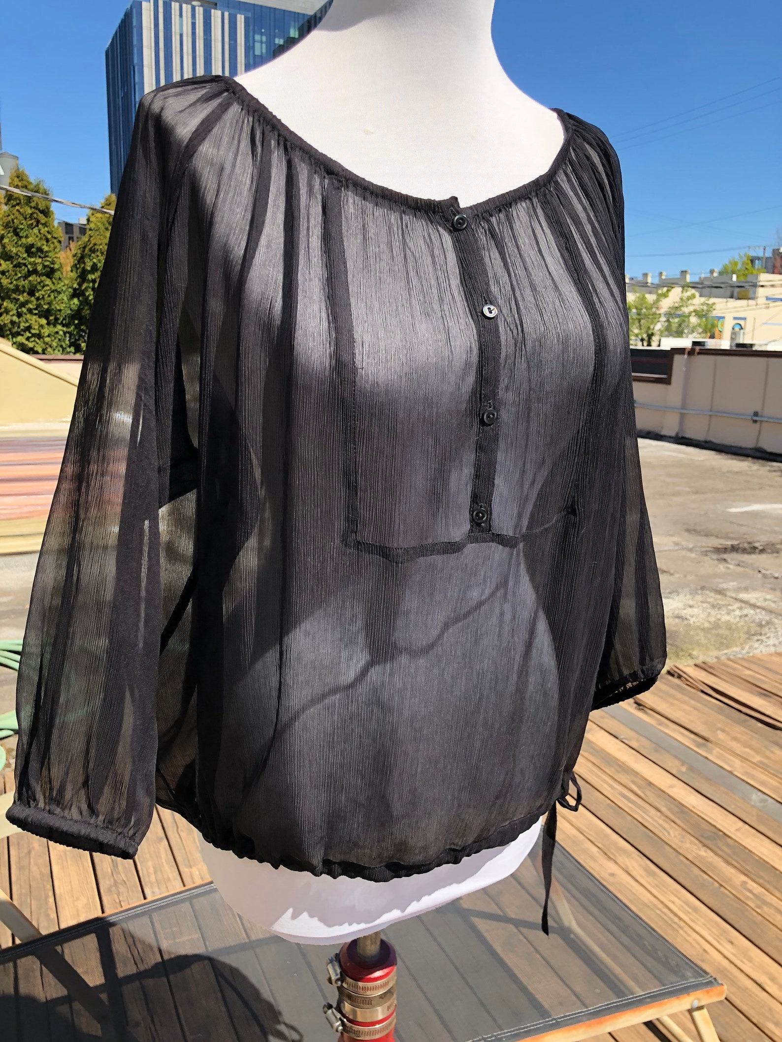 Black Sheer Silk Chiffon Crinkle Tissue Boho Peasant Blouse Etsy