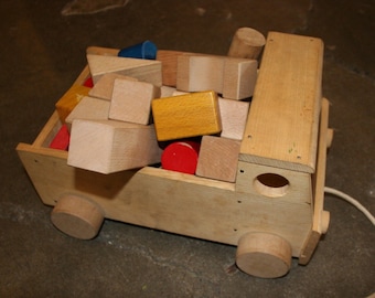 1970s 80s Japanese Wooden Toy Pull Pick Up Truck with Wood Puzzle Blocks Interactive Game 70s 1980s Retro Vintage Rustic Solid Wood Kids Toy