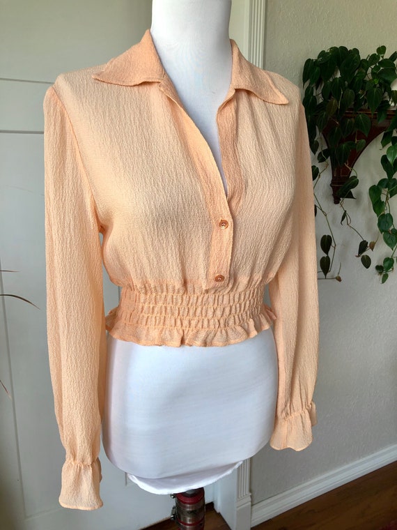 Sheer Silk Chiffon Crinkle Smocked Waist Retro Boho P… Gem