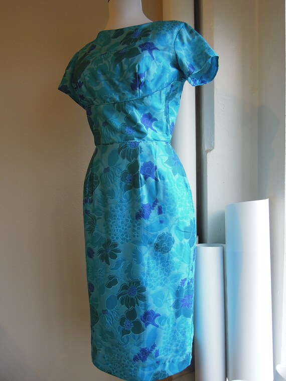 Vintage 50s 60s Silk turquoise vivid blue floral … - image 8