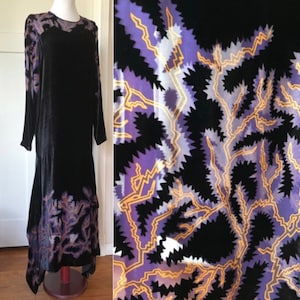 Rodebjer 1920s 30s Black Silk Visco Velvet Long Drop Waist Sheer Chiffon Burnout Indigo Gold Branch Coral Print Gown Dress 20s 1930s Witchy