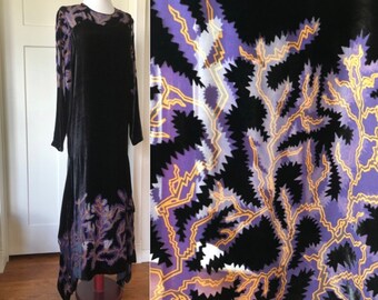 Rodebjer 1920s 30s Black Silk Visco Velvet Long Drop Waist Sheer Chiffon Burnout Indigo Gold Branch Coral Print  Gown Dress 20s 1930s Witchy