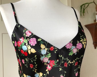 Black Silk Satin Spring Neon Floral Print Spaghetti Strap Tank Camisole Cami Top sz XS S Pajama Slip Blouse Victoria’s Secret Sleep NWT y2k