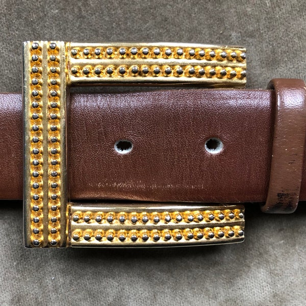 80s 90s Retro Brown Leather Belt Retro Gold Square Etruscan Buckle Fashion Egyptian Boho Bohemian 1980s 1990s Vintage M L 30 31 32 33 Waist