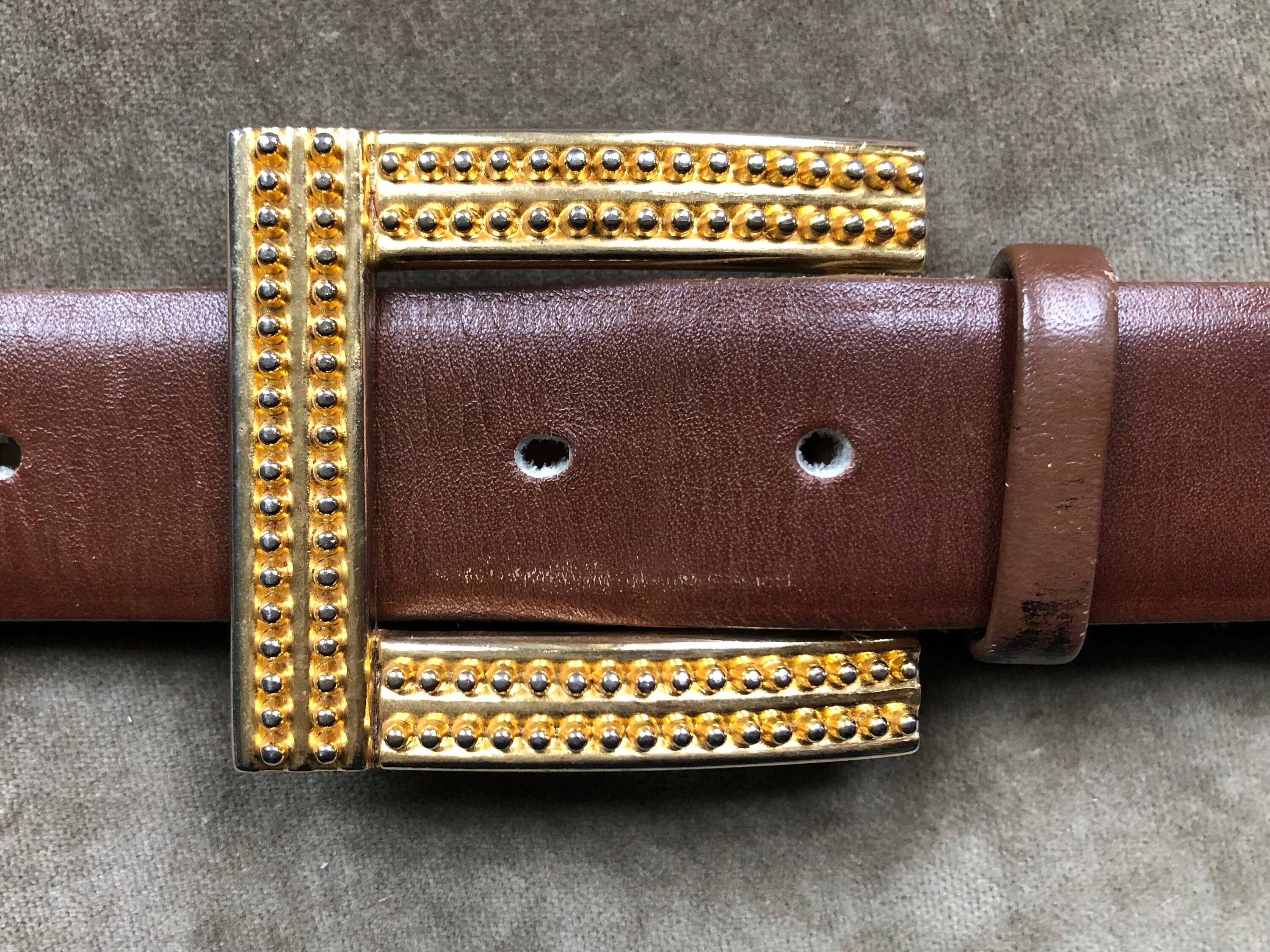 80s 90s Retro Brown Leather Belt Retro Gold Square Etruscan  display picture 3