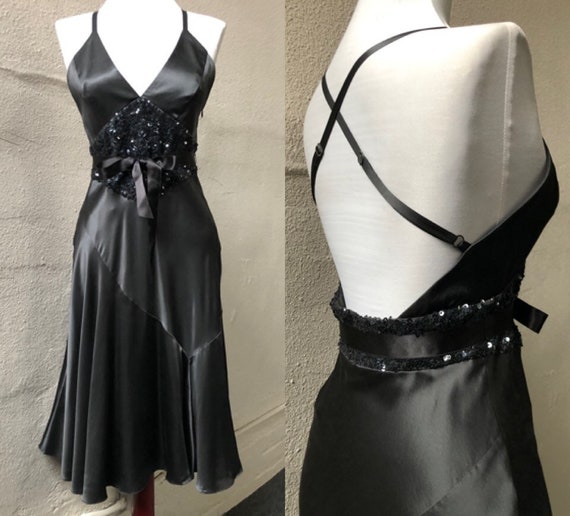 Charcoal Silk Satin Charmeuse Halter Slip Gown 90… - image 5