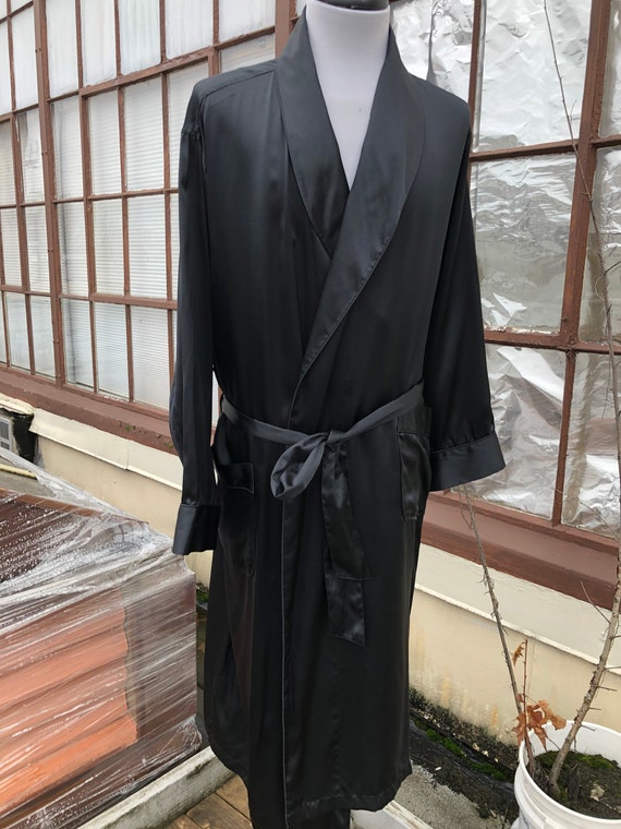 Men’s Silk Satin Solid Black Long Robe Belted Jac… - image 7