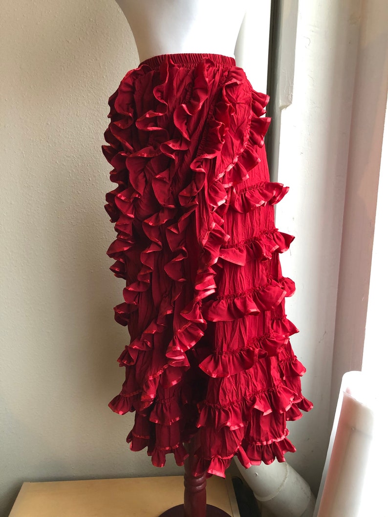 90s Dark Red Ruffled Layered Frilly Burlesque Skirt Flamenco Salsa Dance Womens Vintage 1990s Goth Steampunk Size S XS Ruffle Tango Bohemian