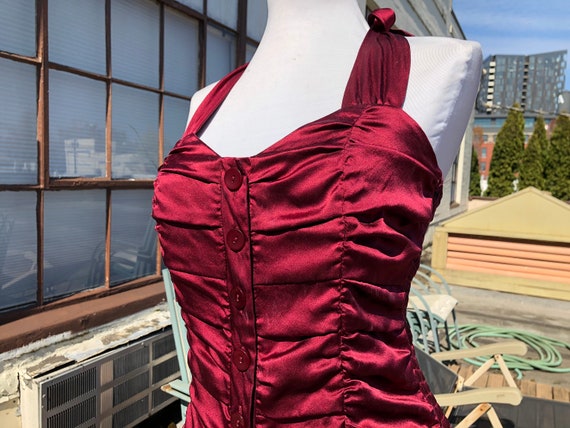 90s Silk Satin Burgundy Dark Red Button Up Halter