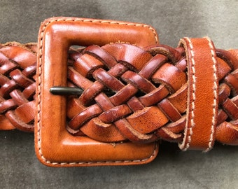 Sheer Woven Leather Tan Honey Brown Wide Belt 1990s Vintage  display picture 1