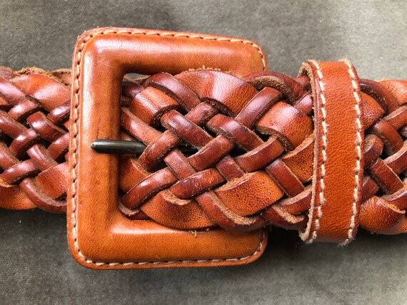 90s Beautiful Brown Tan Chunky Leather Woven Wide Belt 1990s 