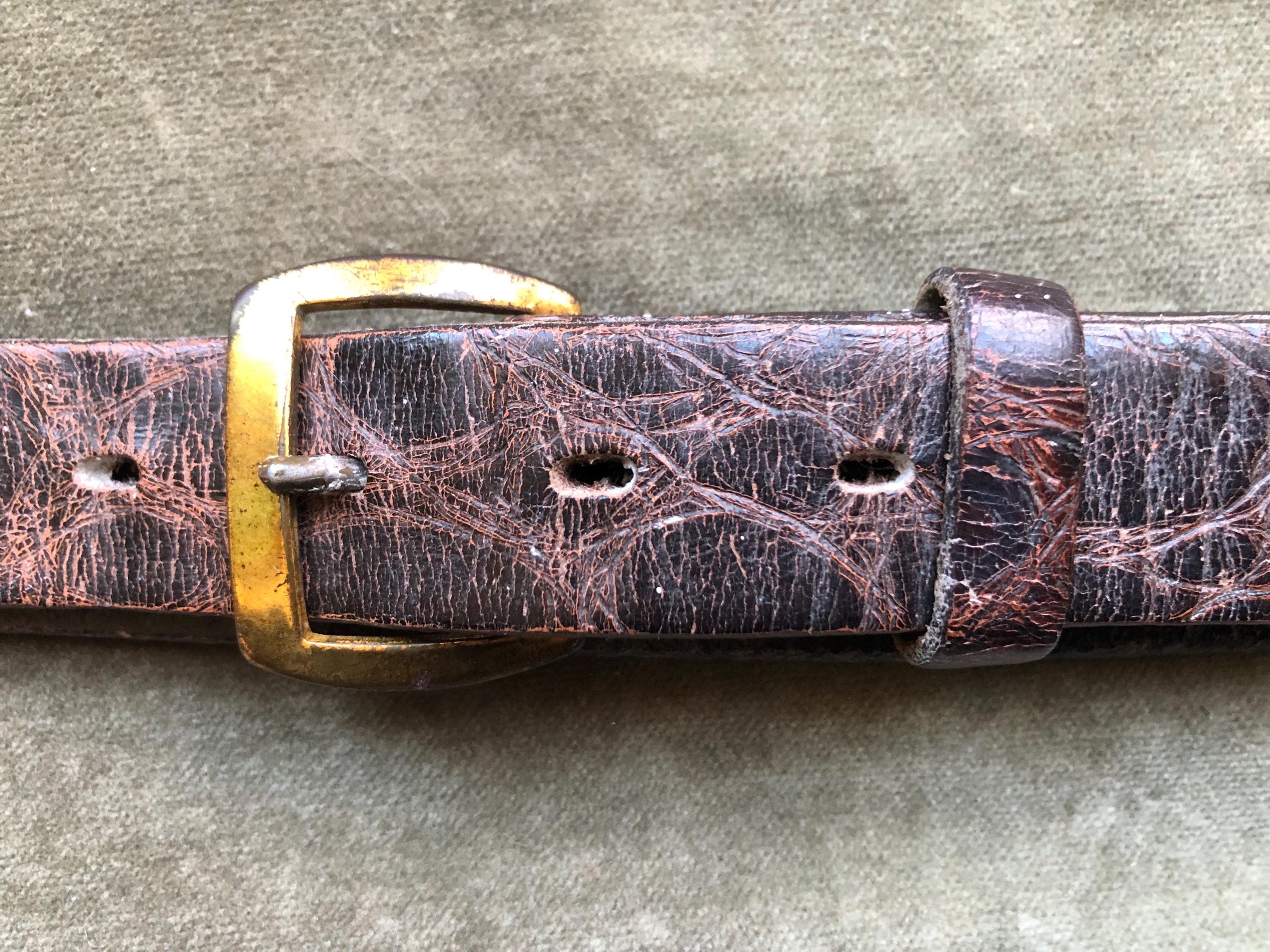 1940s 50s Dark Brown Alligator Croc Embossed Leather Belt Retro