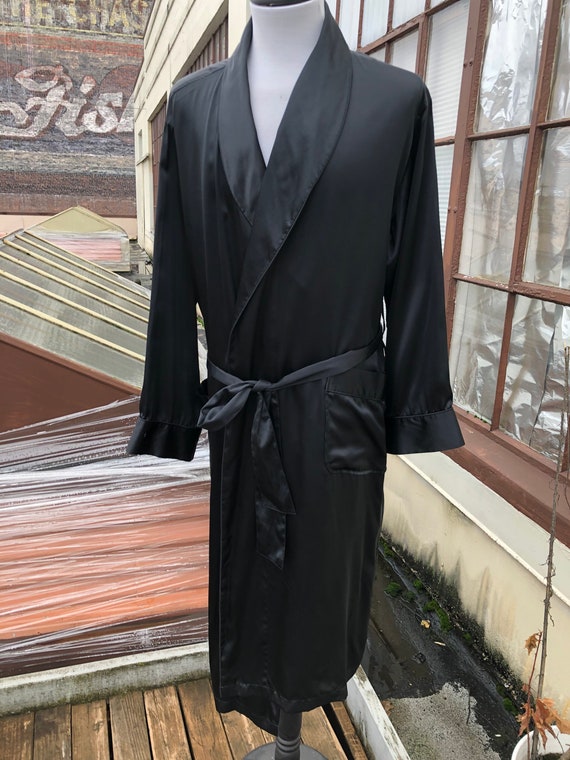 Men’s Silk Satin Solid Black Long Robe Belted Jac… - image 4