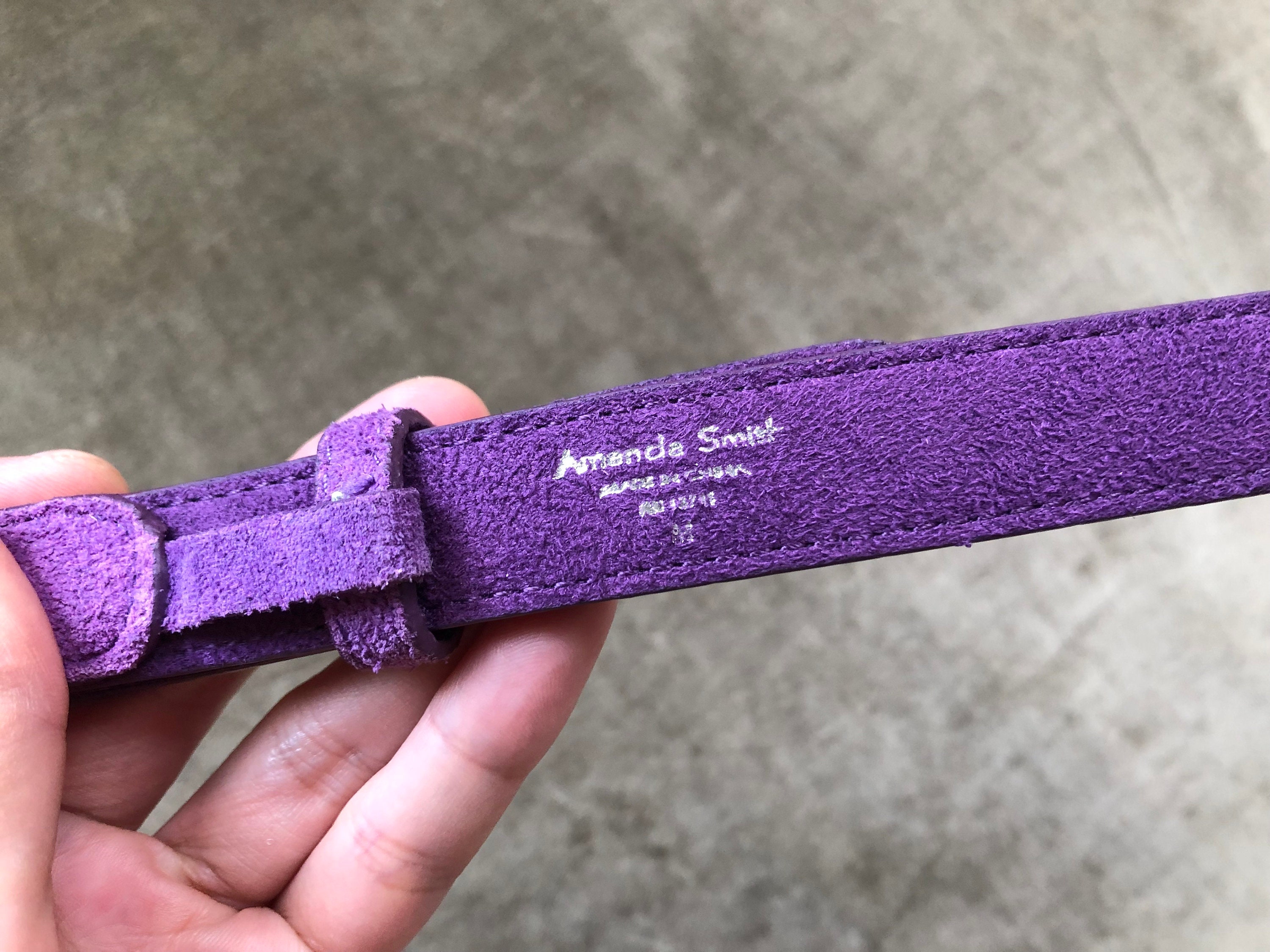 Purple Suede Leather Super Skinny Belt Silver Shiny Square 