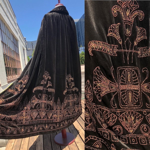 Antique 1920s Egyptian Print Glass Beaded Long Silk Velvet Cape Overcoat 20s Vintage Flapper Edwardian Dark Green Opera Coat Gold Embroidery