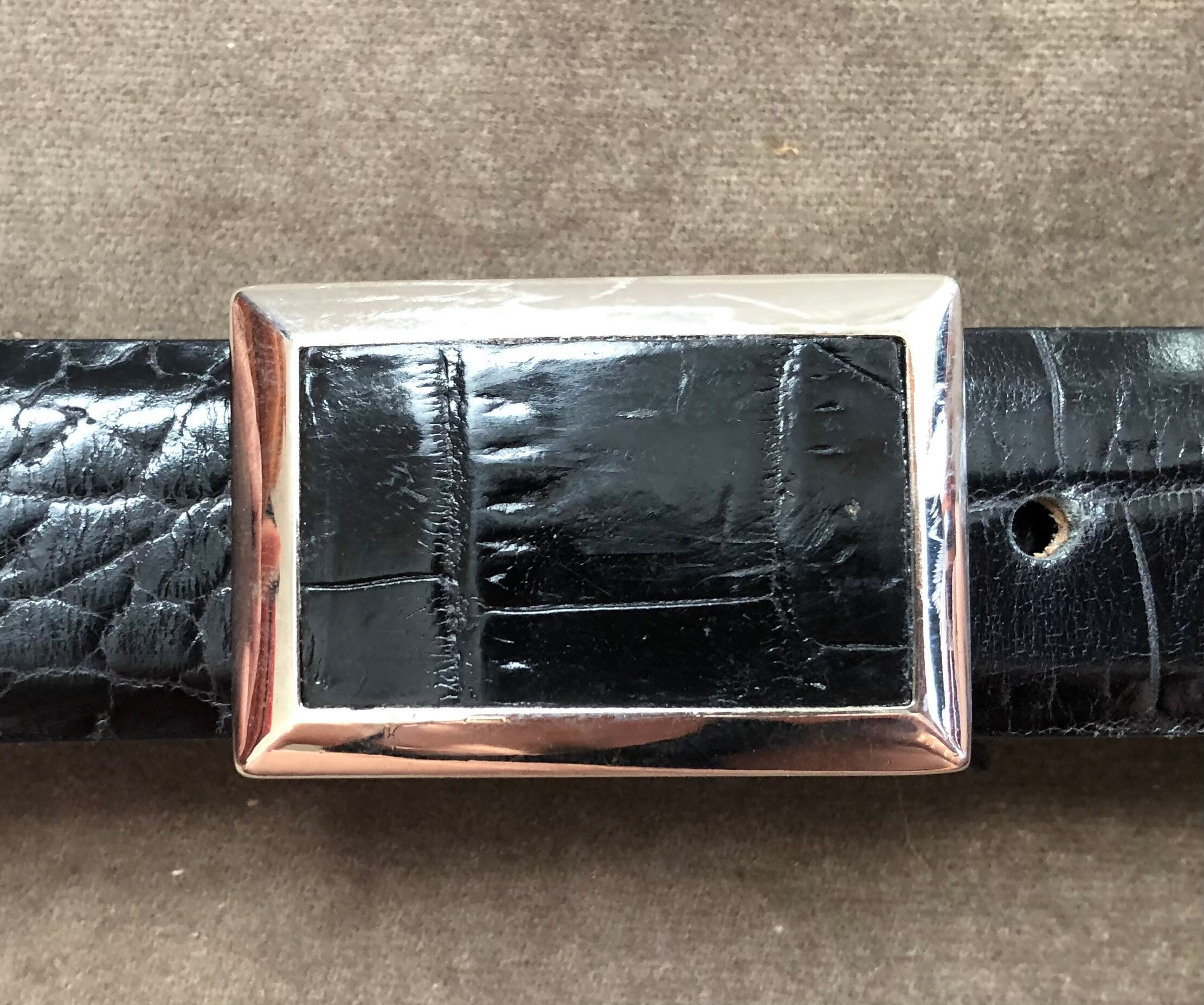 Vintage Lejon Black Leather Belt Croc Embossed USA Old Money Womens Large‎ / XL Otera Leather Belt in Black Croc Embossed | L main image 4