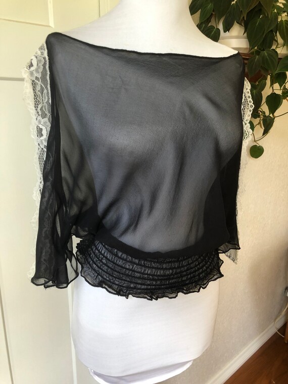 Black Sheer Silk Chiffon Boho Peasant Blouse Vint… - image 8