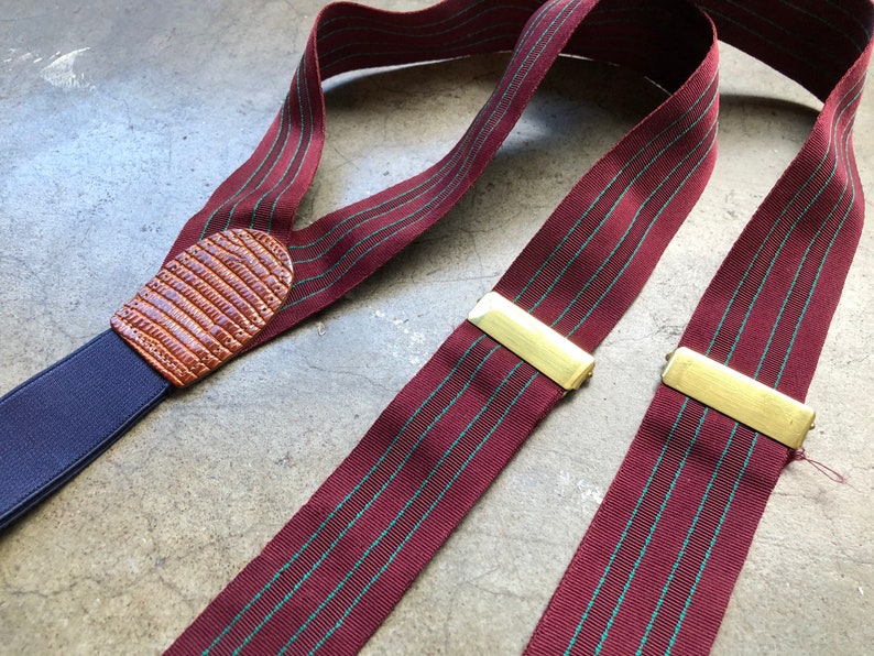 Retro Burgundy Woven Grosgrain Ribbon Green Pin Stripe Ribbon Tan Leather Adjustable Braces Suspenders Button On Vintage 90s 1990s Menswear