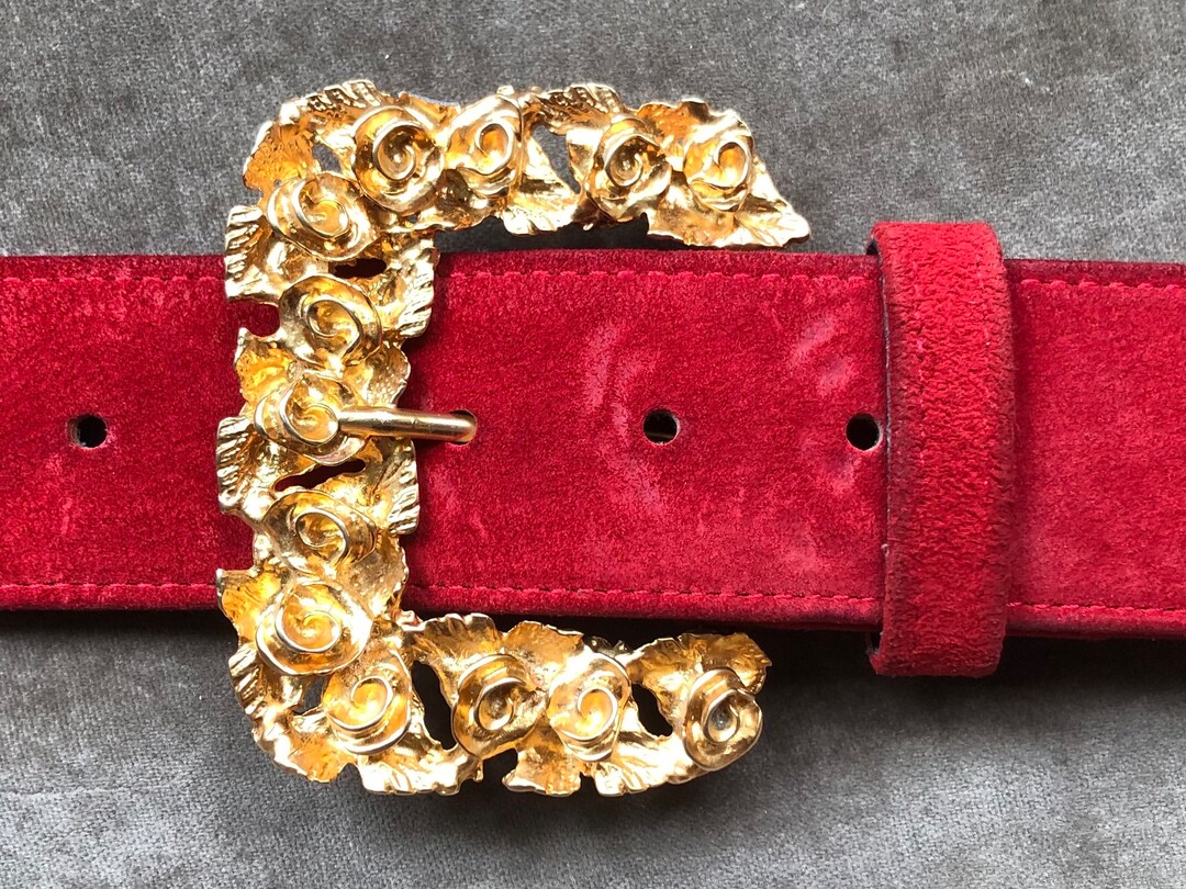 Vtg 80s Red Brown Suede Earth-Tone Rust Geometric Buckle Statement Belt Size M/L